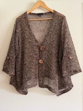 Open-Weave Cardigan Taupe-Brown Button Front V Neck Drape Blouse Boho Indie 2X